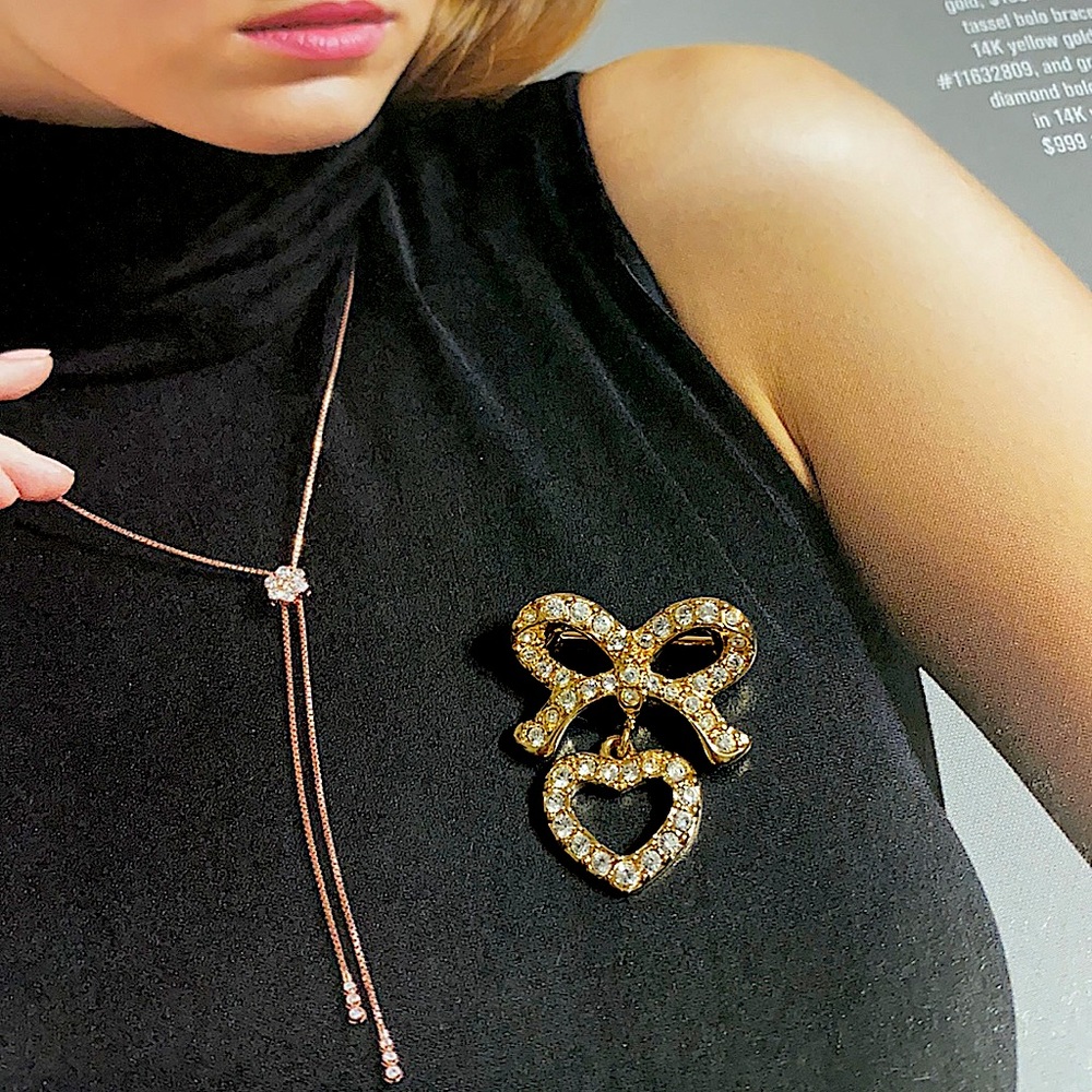 🖤NEW💕Swarovski dangling heart ribbon 🎀 brooch - Picture 3 of 10